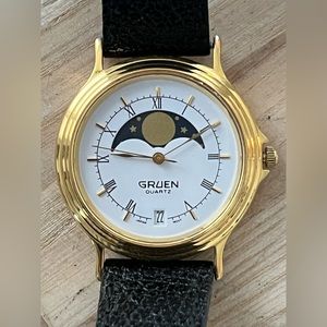 Gruen Moon Phase Rare Vintage Watch White Moon Phase Dial Black Leather Strap